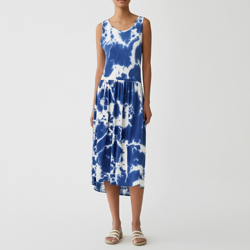 LONGYUAN Womens Sleeveless Dress Size XL Blue White Tie Dye‎ Flowy Gathered